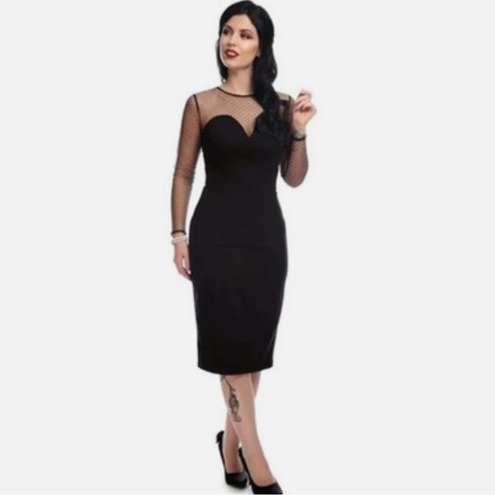 Collectif Dress Morticia Wiggle Mesh Polka Dot Black